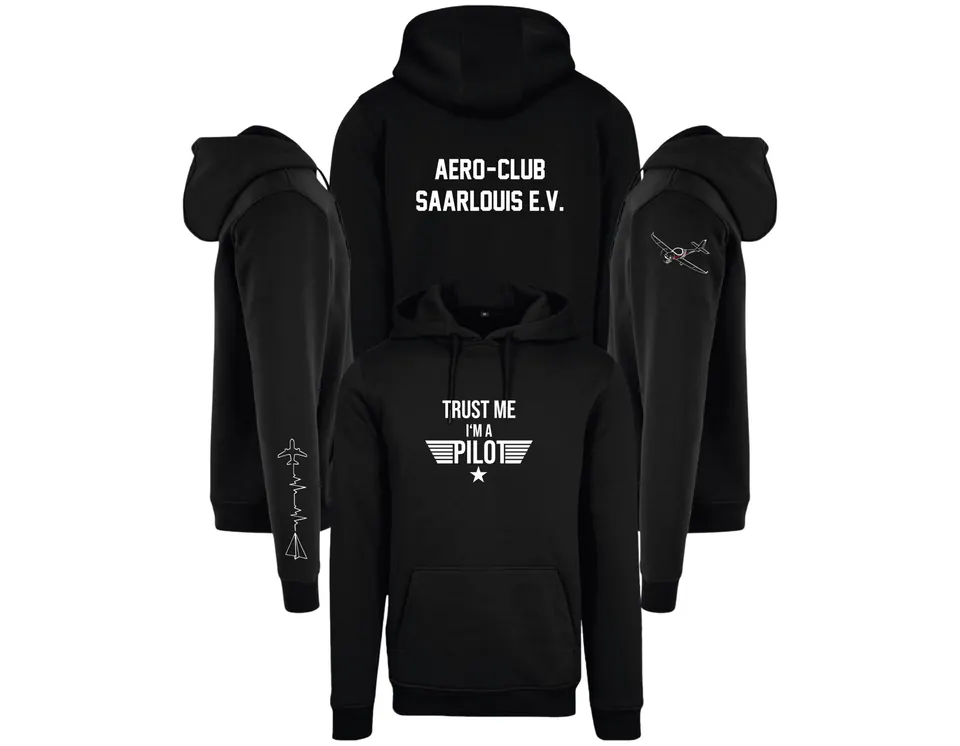 Schwarzer Hoodie mit Aufdruck „Aero-Club Saarlouis e.V. – Trust me I am a pilot“