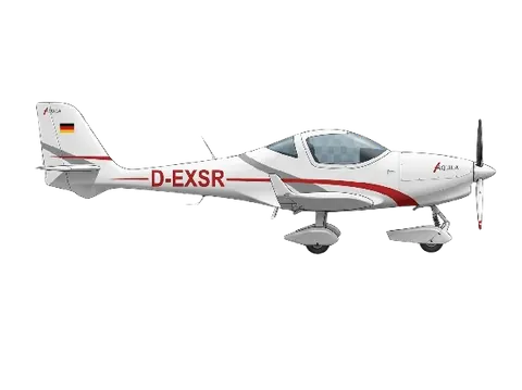 Seitenansicht der Aquila A210 D-EXSR mit rotem Zierstreifen auf schwarzem Grund